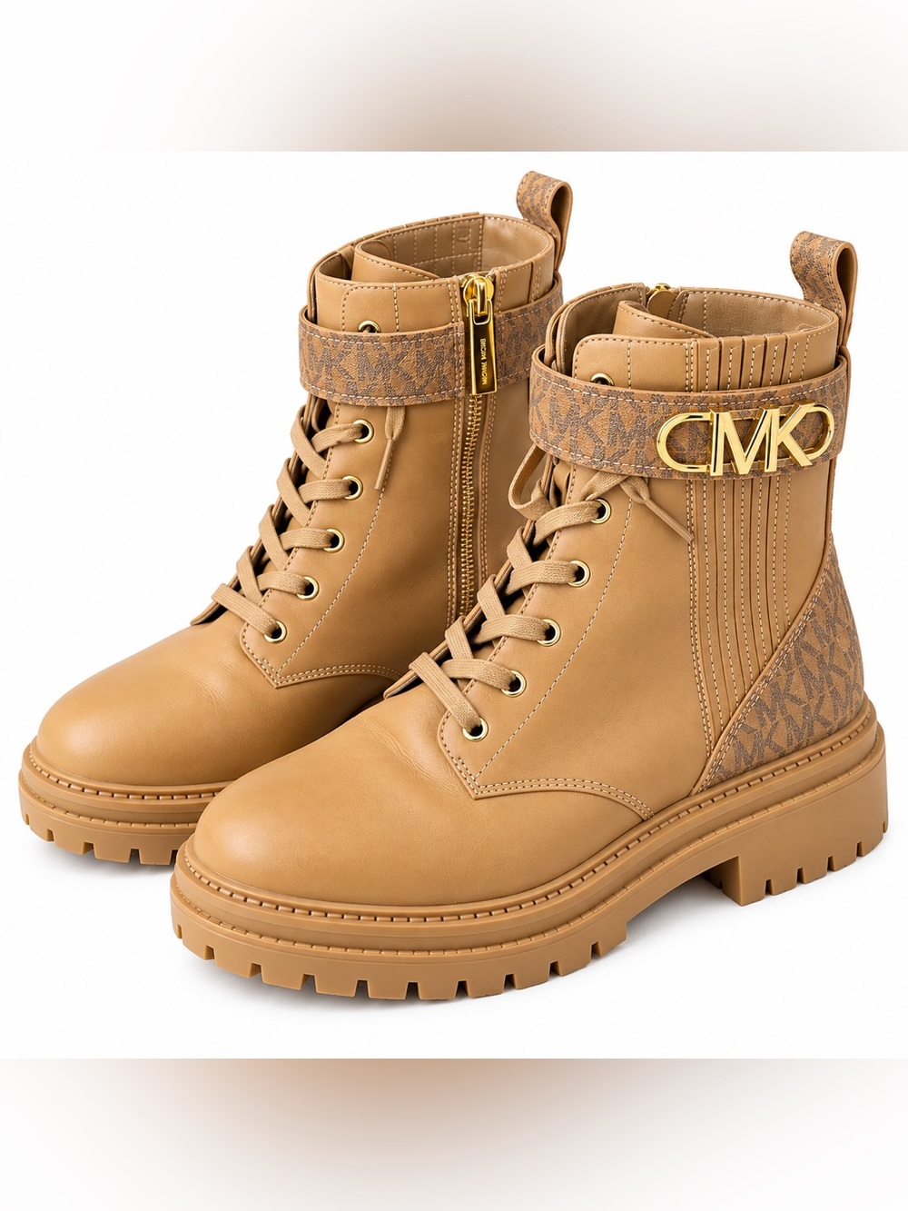Michael Kors Tan Logo Combat Boots Leather Lug Sole Gold MK Women’s 8M